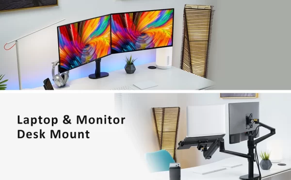 Gamvity Aluminum Height Adjust Desktop 17-32 Inch Monitor Mount Gas Spring Arm+12-17 Inch Laptop Holder Stand Full Motion Ol-3l Pro- Black