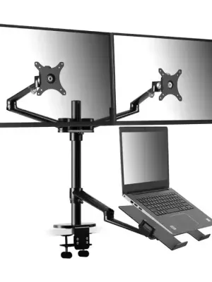 Gamvity 3-in-1 Adjustable Triple Monitor Arm Desk Mounts, Dual Desk Arm Stand/holder With Extra Tray Fits Laptops