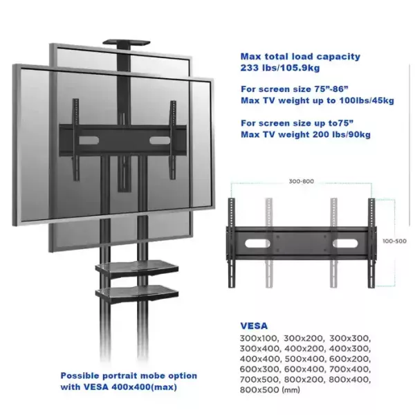 Gamvity Trolley With Wheels Adjustable Height Mobile Tv Mount Stand Height Adjustable Lcd Screen Floor Stand Carts With Dvd Shelf (50-86inch)